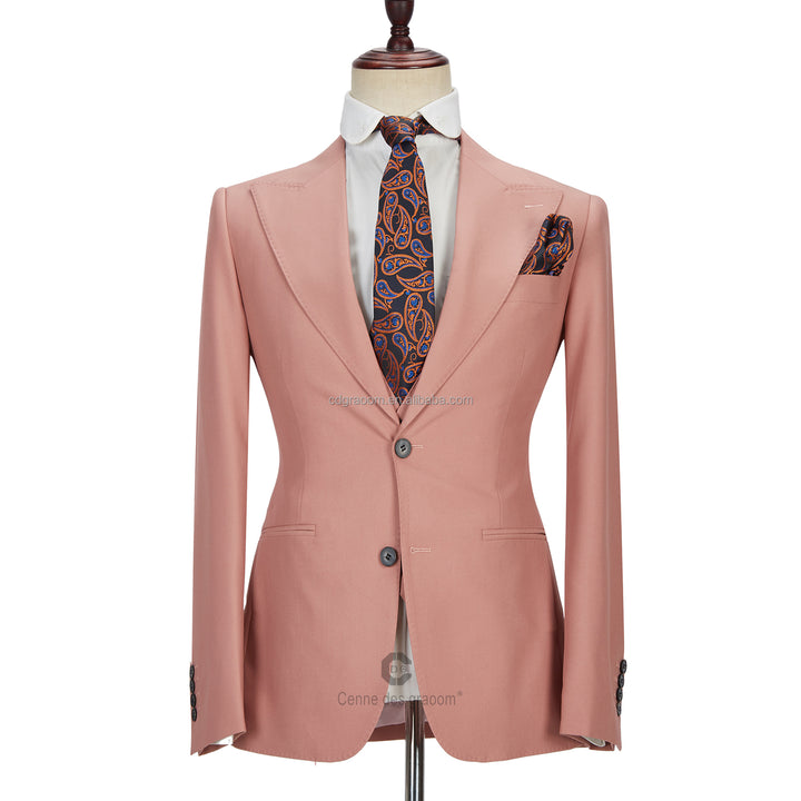 Koscy Pink Three-Piece Marriage Suit with Two Buttons and Peak Lapel for Men