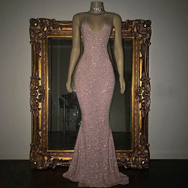 Sequinned V-Neck Halter Mermaid Evening Dress