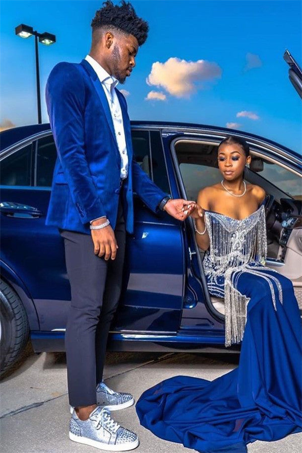 Koscy Royal Blue Velvet Blazer for Men's Wedding, 2 Pieces with Chic Peaked Lapel