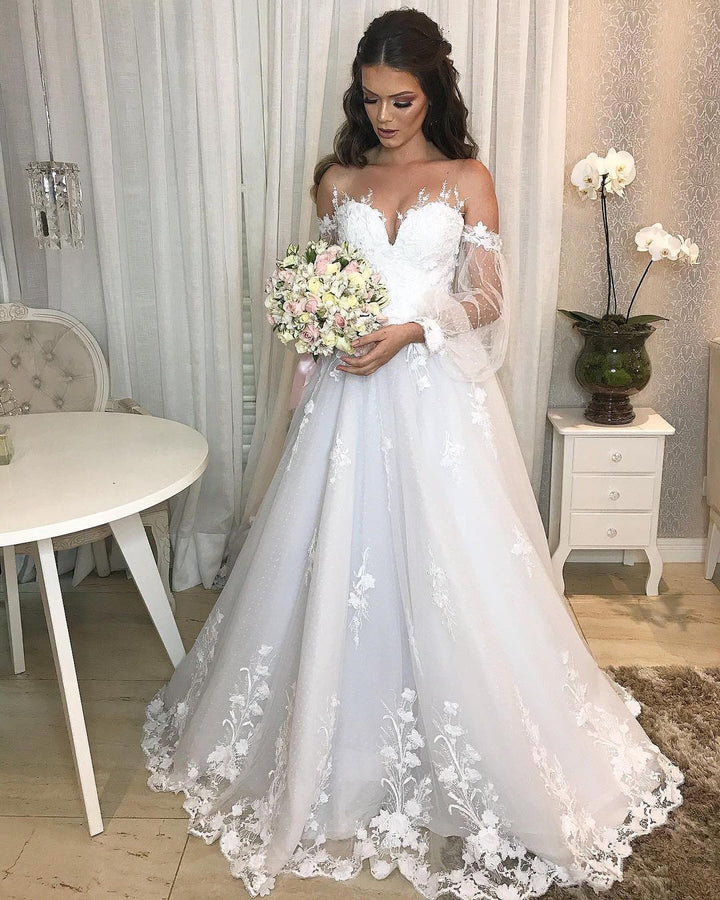 Bmbride Long Elegant Princess Off-the-Shoulder Tulle Wedding Dress with Bubble Sleeves