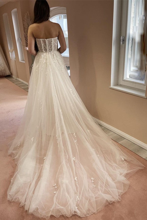 Bmbride Elegant Long A-line Sweetheart Tulle Lace Wedding Dress with Slit