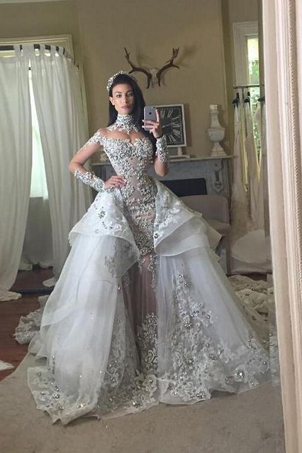 Bmbride Elegant Long Sleeves Tulle High Neck Appliques Wedding Dresses with Removable Overskirt