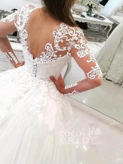 Bmbride Ivory V-Neck Long Sleeves Appliques Watteau Train Wedding Dress