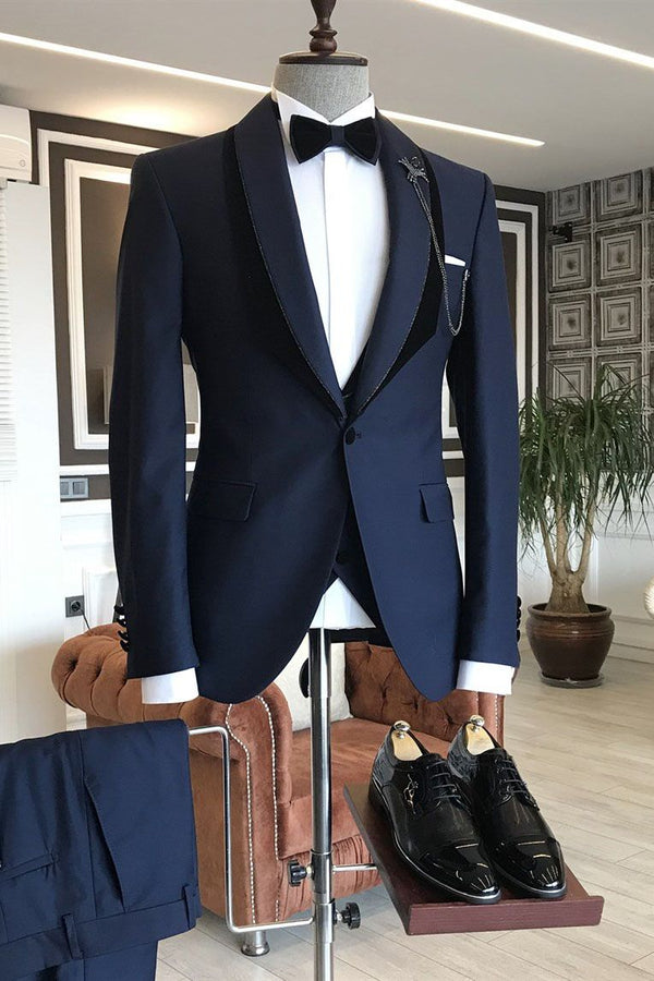 Koscy Gene Navy Blue Shawl Lapel Wedding Suit with One Button