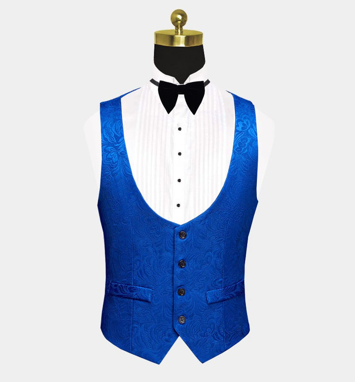 Koscy Royal Blue Floral Jacquard Wedding Suit - Three Pieces for Men