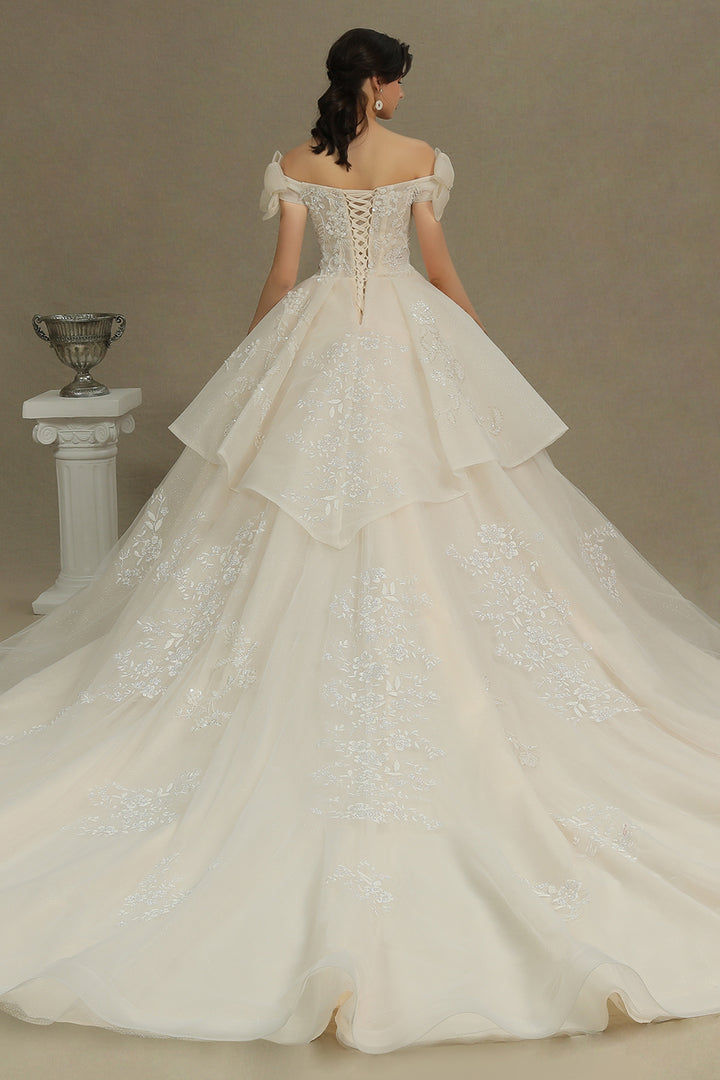 Bmbride Elegant Off-the-Shoulder Tulle Lace Ball Gown Luxury Wedding Dresses