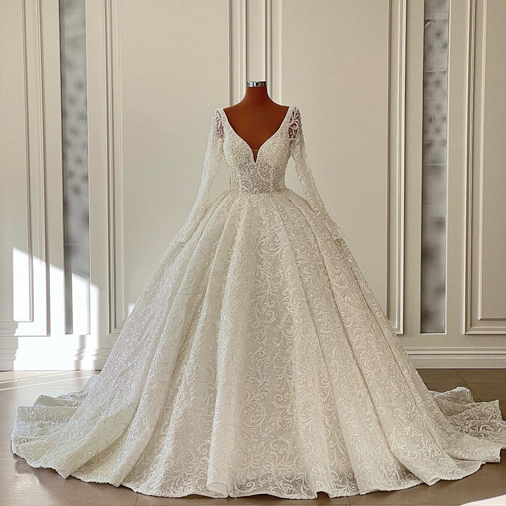 Bmbride V-neck Long Sleeves Floor Length Chapel Lace Wedding Dress