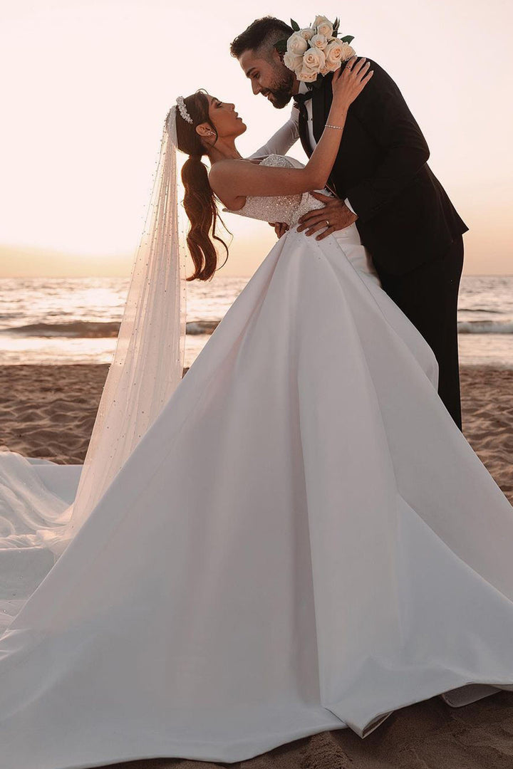 Bmbride One Shoulder Long Sleeve Sequins A-line Wedding Dress
