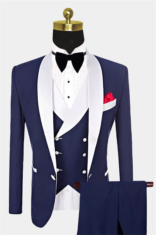 Koscy One Button Navy Blue Fashion Slim Fit, Three Pieces with White Shawl Lapel