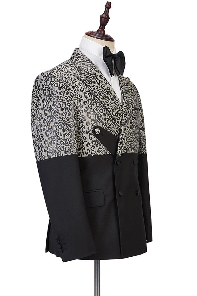 Koscy Stylish Black Leopard Print Double-Breasted Outfit for Men