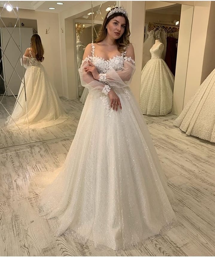 Bmbride A-line Sweetheart Spaghetti Straps Glitter Wedding Dress with Sleeves