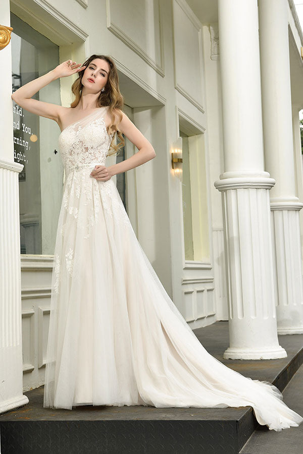 Bmbride Elegant One Shoulder Tulle Lace A-Line Wedding Dress