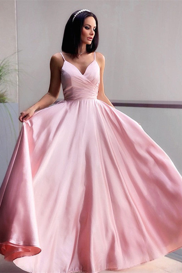 Pink Spaghetti-Straps Prom Dress