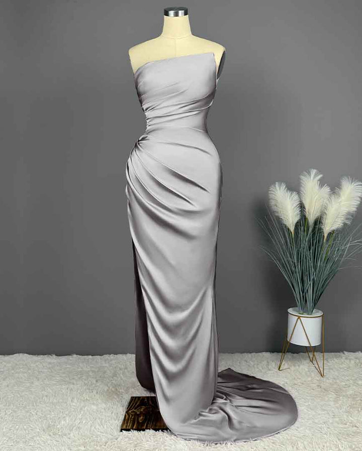 Okdais Prom Dress - Blue Sleeveless Charmeuse with High Slit Pleated