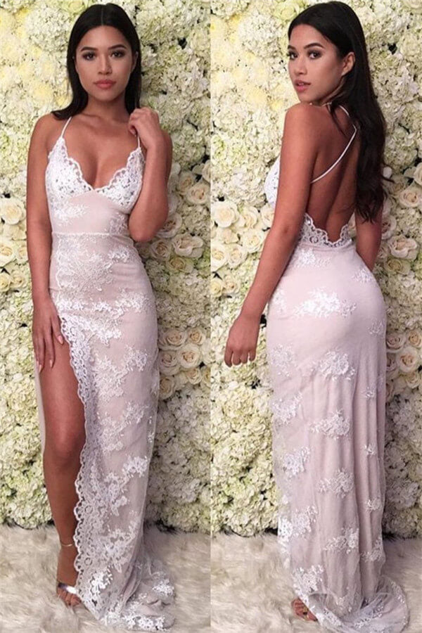V-Neck Spaghetti-Straps Backless Prom Dress With Split Lace