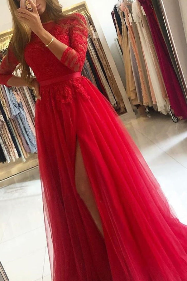 A-Line Prom Dress with Long Sleeves and Lace Split