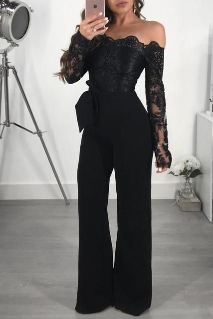 Koscy Elegant Long Sleeves Strapless Lace Black Satin Jump Suit