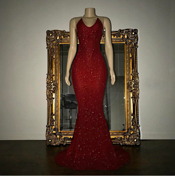 Sequinned V-Neck Halter Mermaid Evening Dress