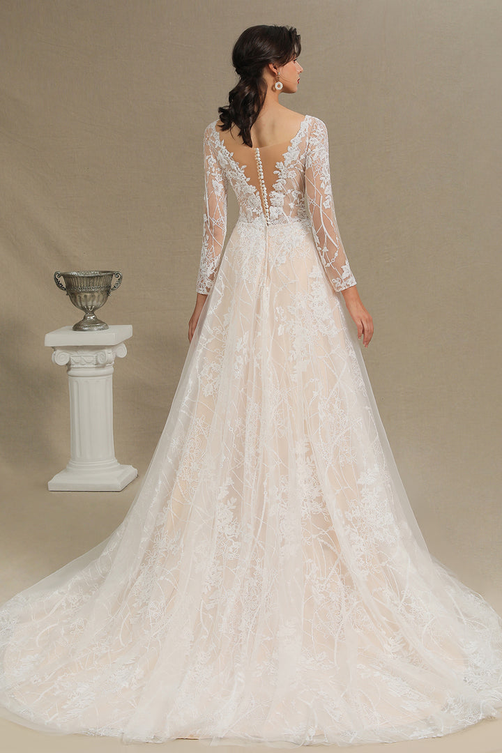Bmbride Sheer Tulle Long Sleeve A-line Illusion Lace Wedding Dress - CPH230