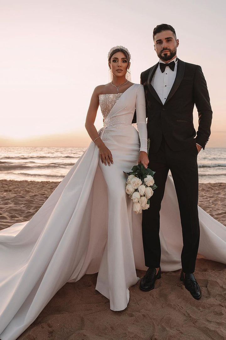 Bmbride One Shoulder Long Sleeve Sequins A-line Wedding Dress