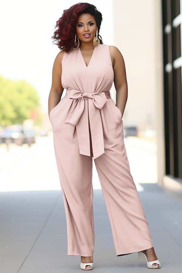 Koscy Pool Blue V-Neck Sleeveless Jump Suit With Bow Belt