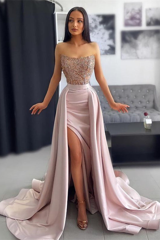 Pink evening dress with off-the-shoulder sleeves applique and pleats