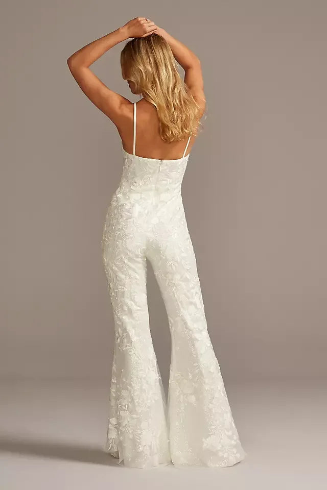 Koscy Elegant Floral Overlay Lace Spaghetti Strap Flare Leg Wedding Jump Suit