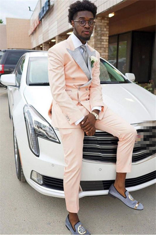 Koscy Gorgeous Pink Double-Breasted Wedding Suit with Peaked Lapel for Men’s Party