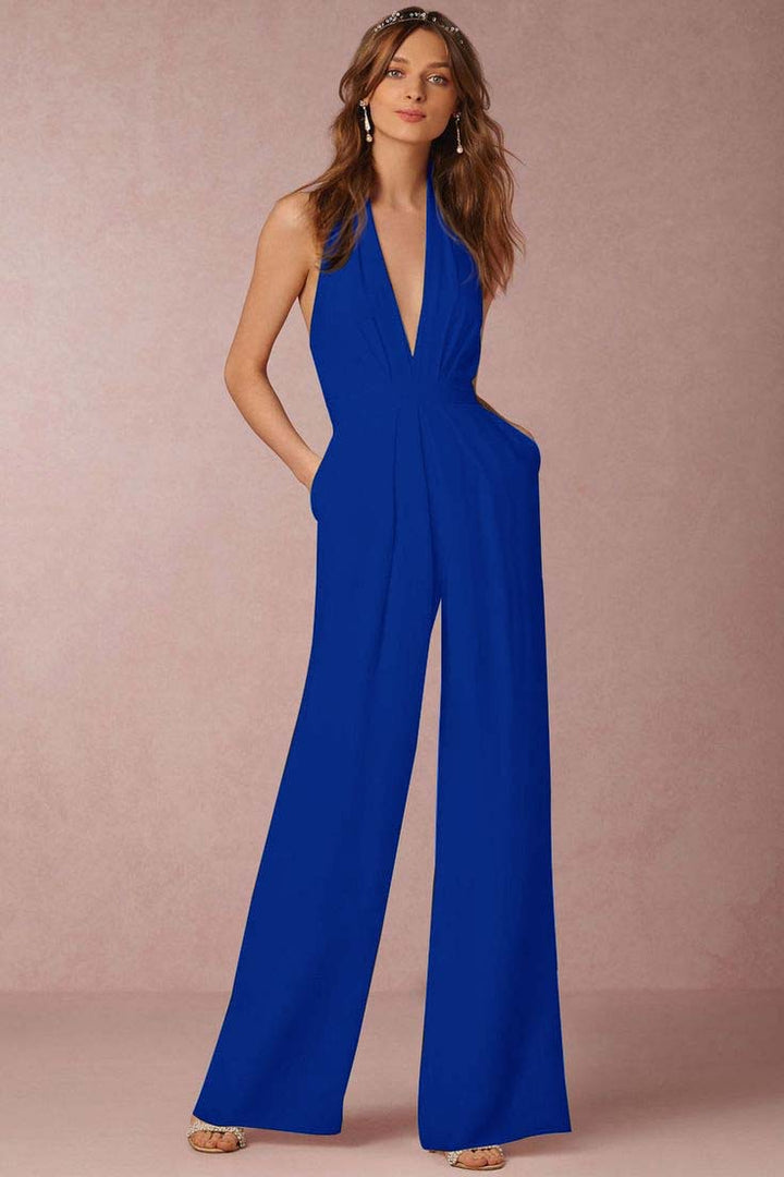 Koscy Casual Black Deep V-Neck Halter Long Daily Jump Suit