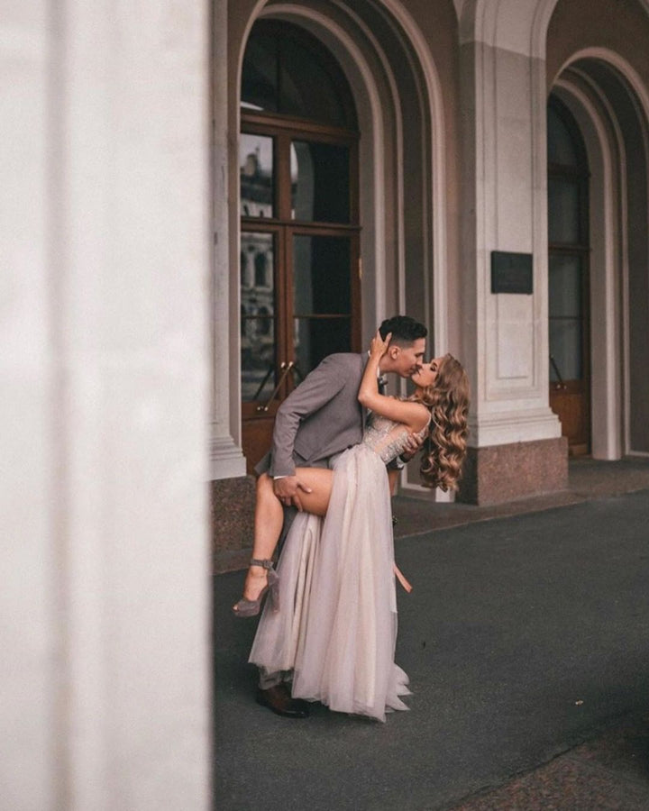 Bmbride Long A-line V-neck Tulle Appliques Lace Wedding Dress with Slit Boho Style