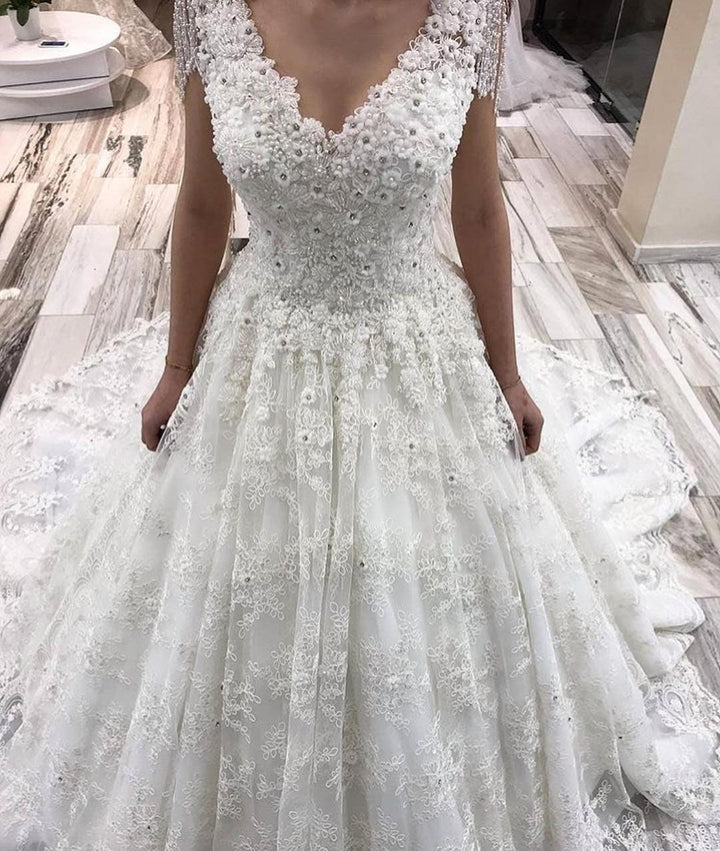 Bmbride A-Line Deep V-neck Appliques Lace Crystal Floor-length Wedding Dress