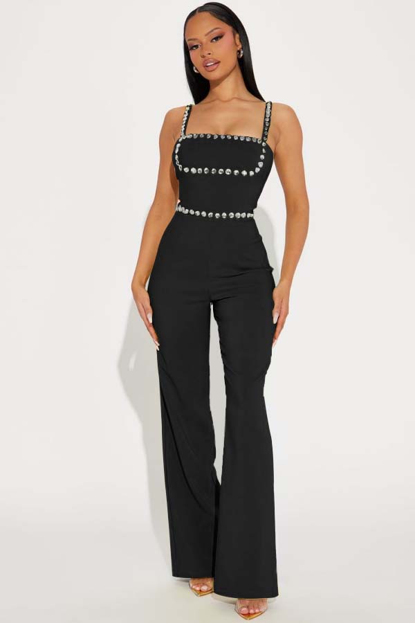 Koscy Fashion Green Square Neck Spaghetti-Straps Slim Fit Jump Suit