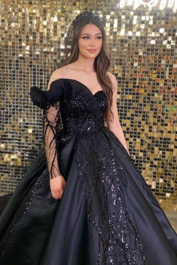 Bmbride Long Black Ball Gowns Sweetheart Satin Lace Prom Dress with Sleeves