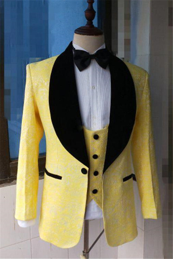 Koscy Bespoke Jacquard Shawl Lapel Dinner Blazer - Fashionable Yellow Wedding Suit for Men