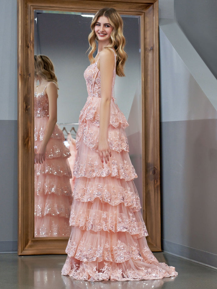 Koscy Pink Princess A Line Off the Shoulder Corset Prom Dress with Lace Ruffles