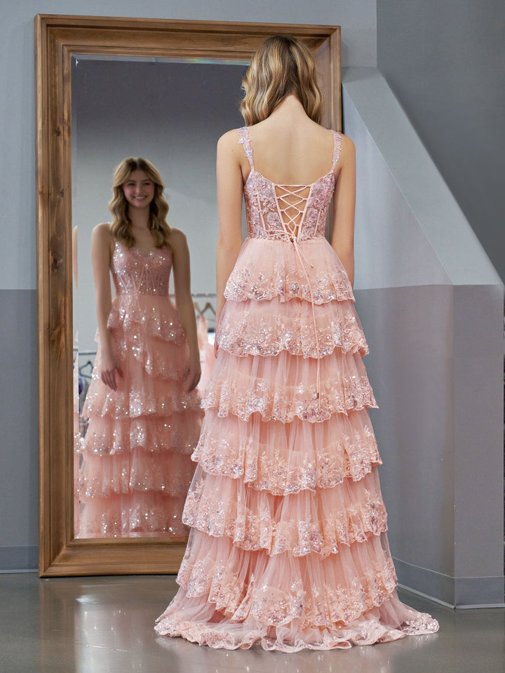 Koscy Pink Princess A Line Off the Shoulder Corset Prom Dress with Lace Ruffles