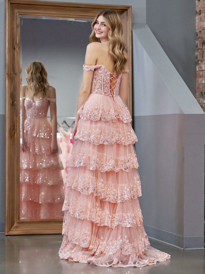 Koscy Pink Princess A Line Off the Shoulder Corset Prom Dress with Lace Ruffles