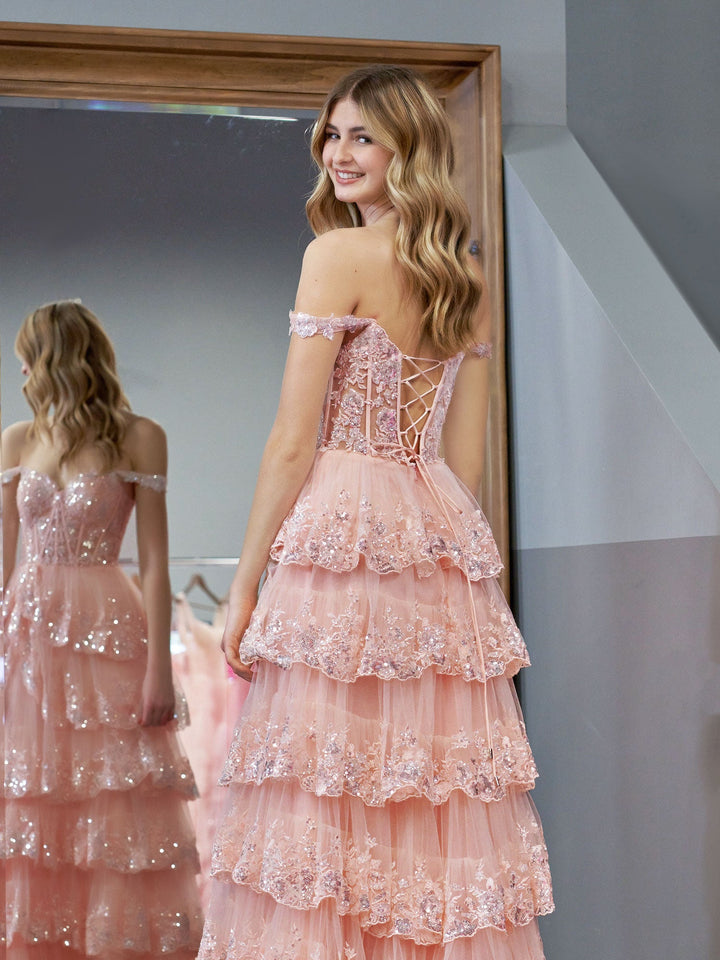Koscy Pink Princess A Line Off the Shoulder Corset Prom Dress with Lace Ruffles
