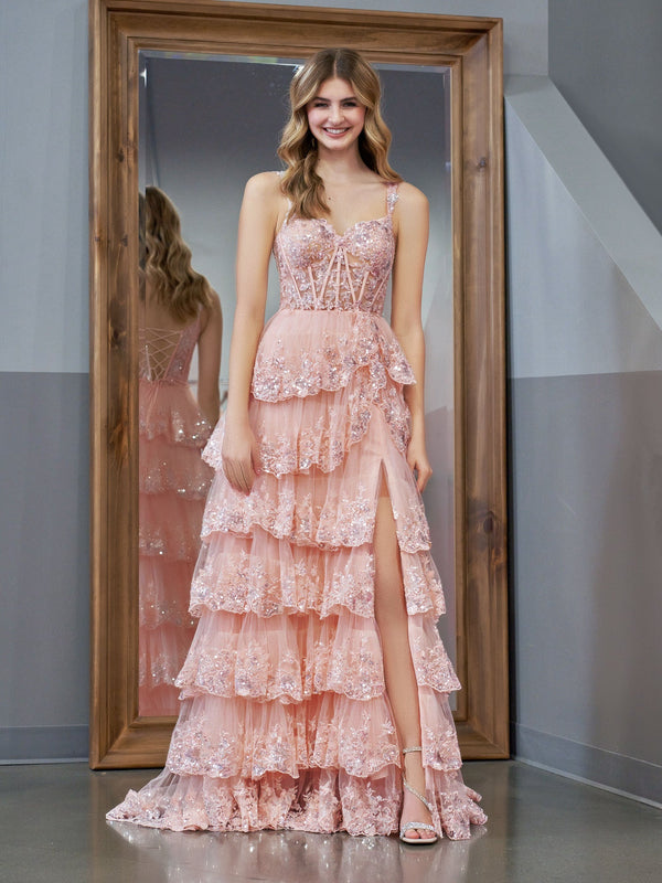 Koscy Pink Princess A Line Off the Shoulder Corset Prom Dress with Lace Ruffles