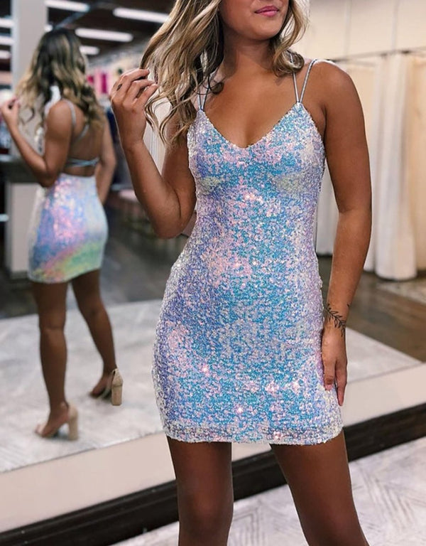 Koscy Sheath V Neck Blue Sequins Homecoming Dress