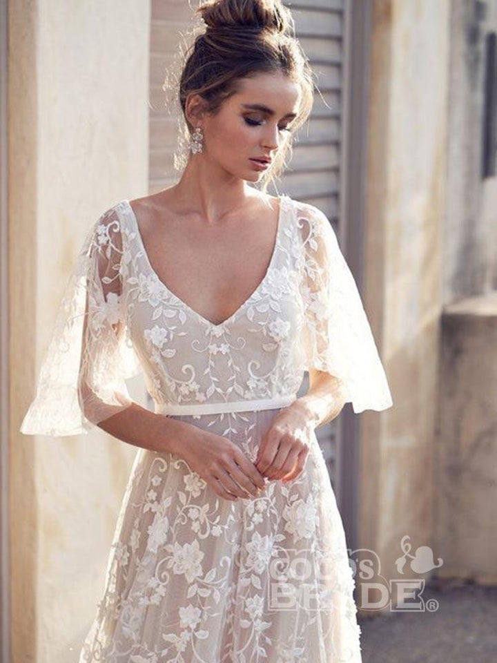 Bmbride Affordable V-Neck Half Sleeve Lace Boho Wedding Dresses