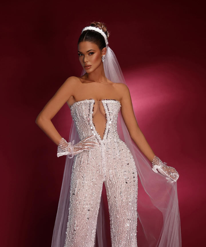 Koscy Sexy Strapless Sleeveless White Sequins Jump Suit With Gloves