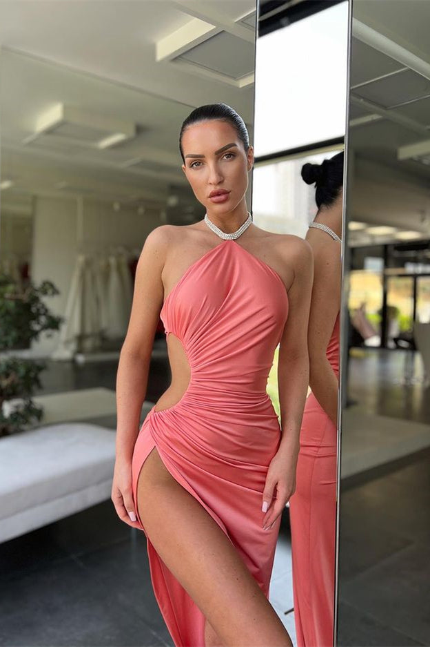 Online Pink Halter Sleeveless Mermaid Prom Dress Long Split