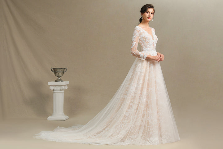Bmbride Sheer Tulle Long Sleeve A-line Illusion Lace Wedding Dress - CPH230
