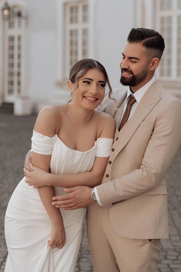 Bmbride Elegant Mermaid Off-the-Shoulder Satin Wedding Dress with Slit