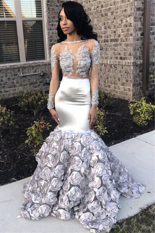 Silver Royal Long Sleeve Mermaid Prom Dress with Flower Applique