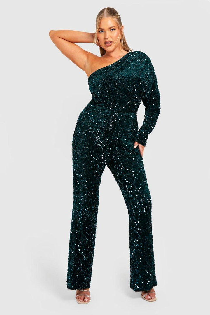 Koscy Chic Dark Green Sequins One-Shoulder Party Jump Suit With One Sleeve