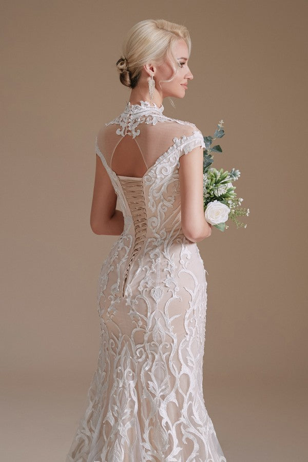 Bmbride Long Sleeve Vintage Lace High-neck Mermaid Wedding Dress