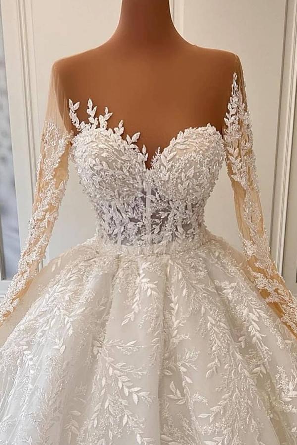 Bmbride Long Ball Gown Wedding Dresses with Sleeves featuring a Sweetheart Floral Pattern