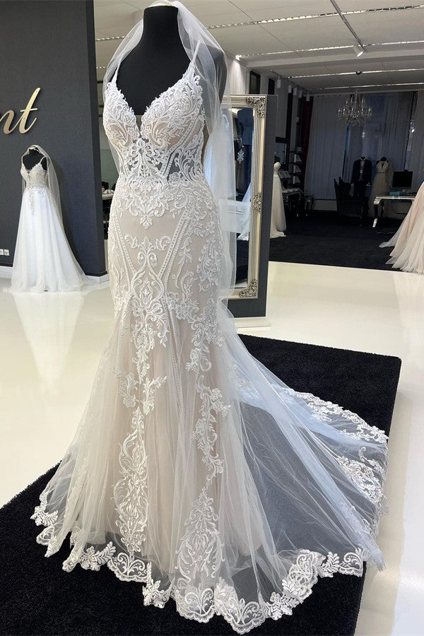 Bmbride Enchanting Long Mermaid Sweetheart Spaghetti Straps Tulle Lace Bridal Gown